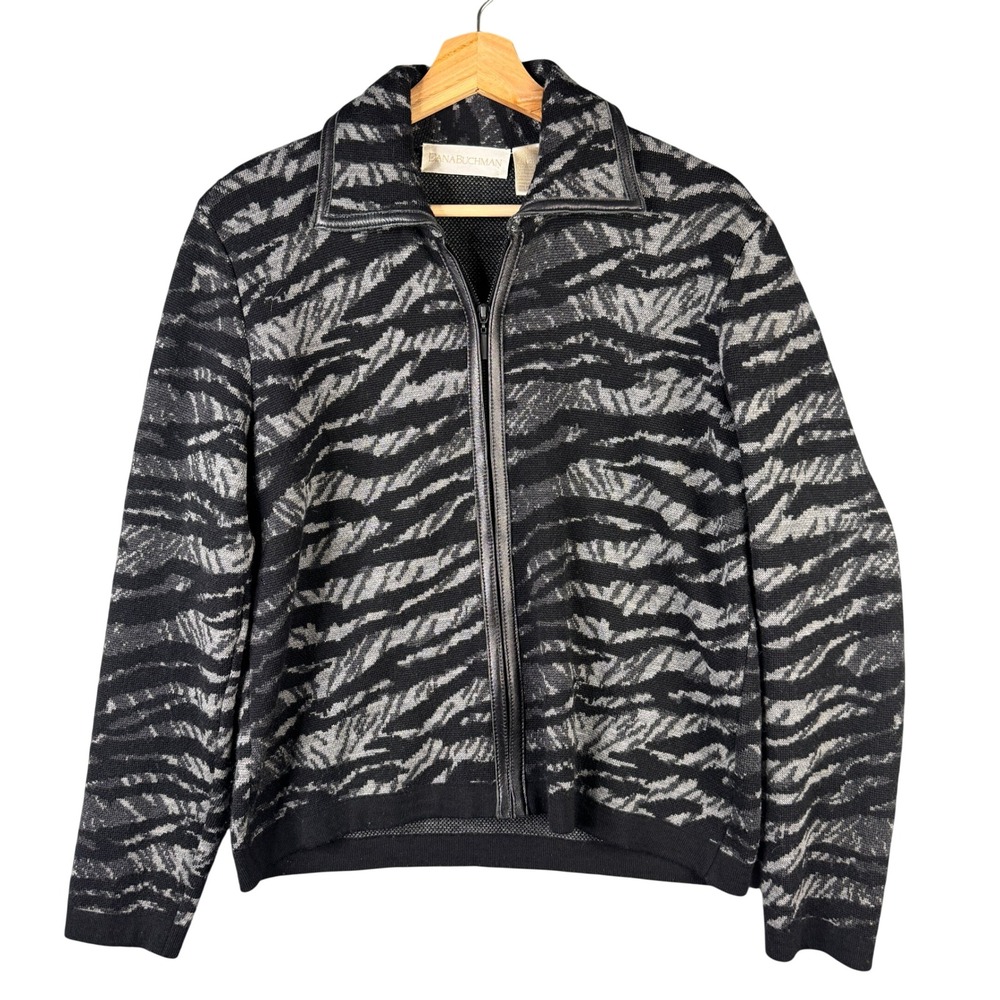 Dana Buchman Zebra Print 100% Merino Wool Full Zip Cardigan Sweater Black Gray M